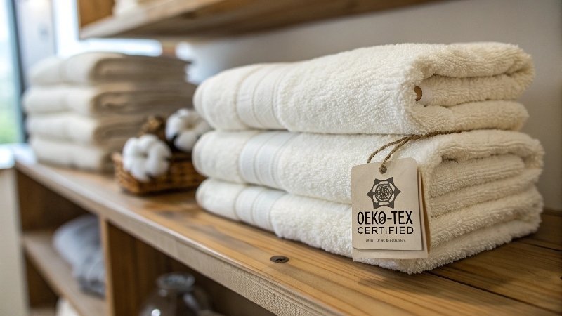 A towel with a 100% Cotton label clearly visible