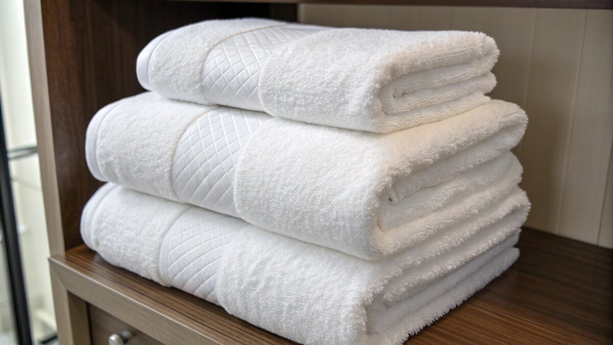 A stack of clean, white hotel bath towels on a shelf