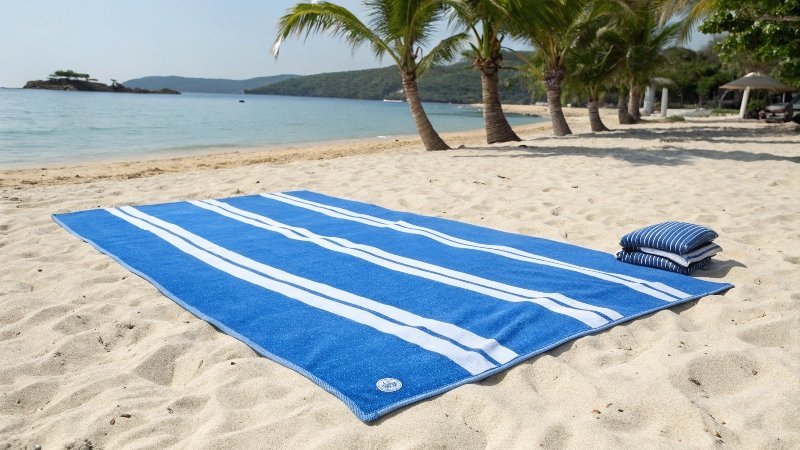 Uma pessoa deitada em uma toalha de praia de tamanho padrão na areia