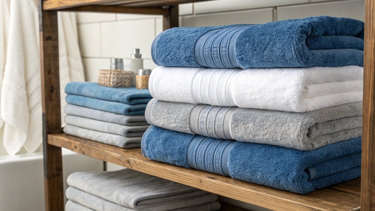 Un cuarto de baño elegante con toallas apiladas azules y grises.