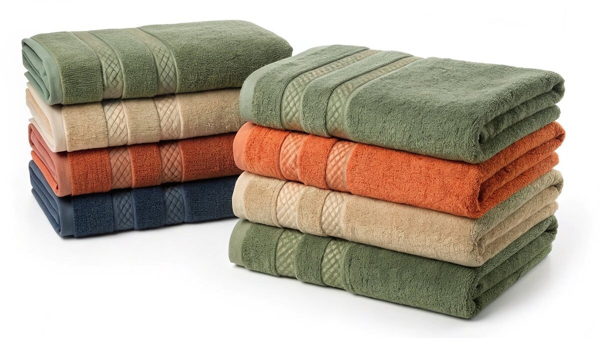 Un cuarto de baño elegante con toallas en colores de moda como el verde salvia y el terracota.
