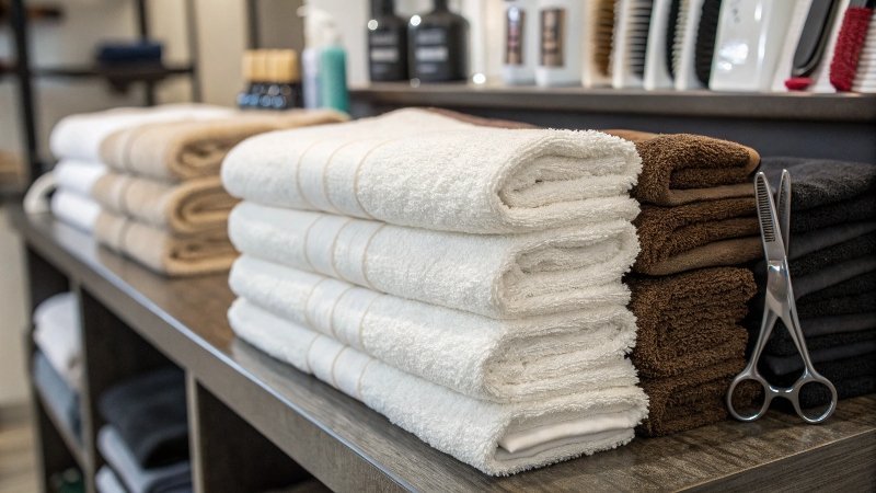 Une coiffeuse enveloppe les cheveux d'une cliente dans une serviette gris foncé.