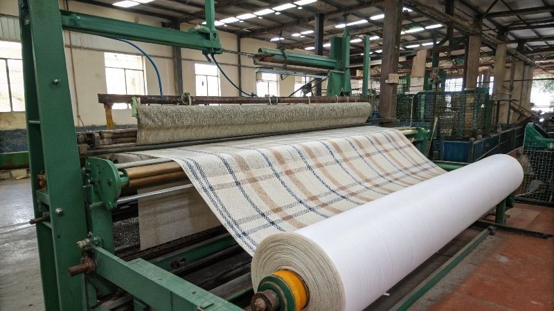 Operai che tagliano e cuciono gli asciugamani nella fase di rifinitura