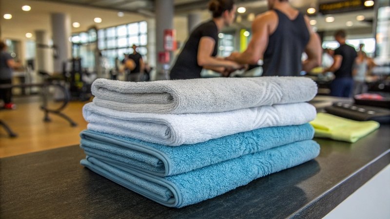 Ein Mikrofaserhandtuch, das in einer Turnhalle hängt