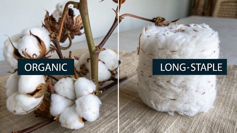 Um infográfico mostrando uma fazenda de algodão orgânico e uma régua medindo o algodão de fibra longa