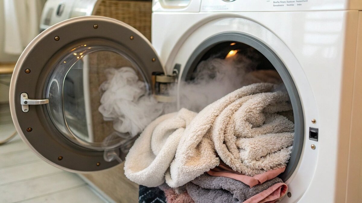 Wasmachine met handdoeken binnen