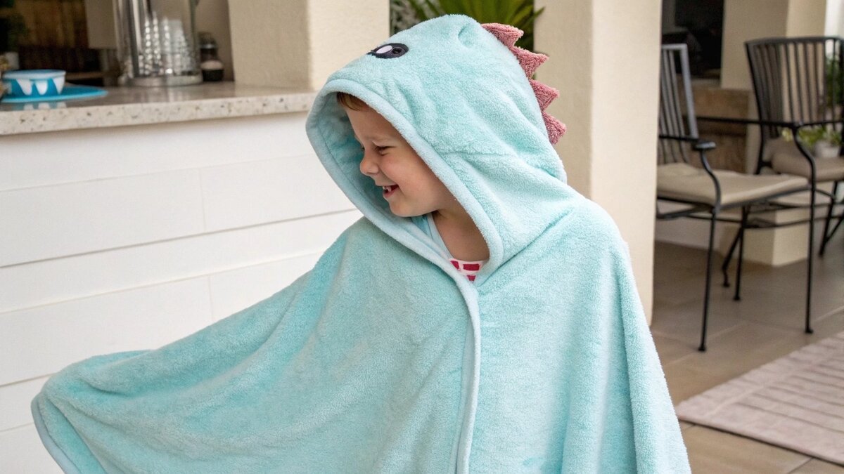 Sześciolatek ubrany w duży ręcznik z kapturem w stylu poncho.