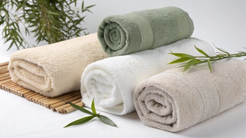 stos ręczników z bawełny organicznej z widocznymi etykietami GOTS i OEKO-TEX
