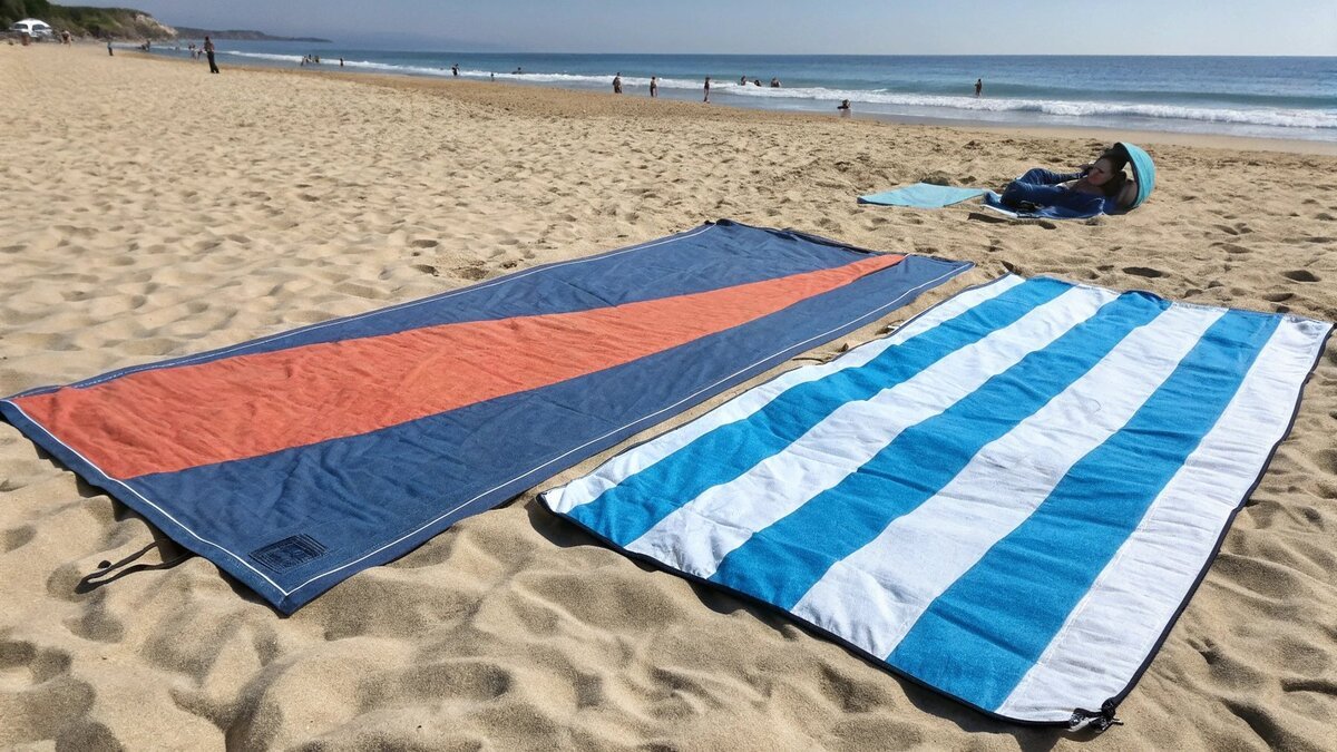 Pluszowy ręcznik plażowy leżący obok dużego, cienkiego koca plażowego na piasku.