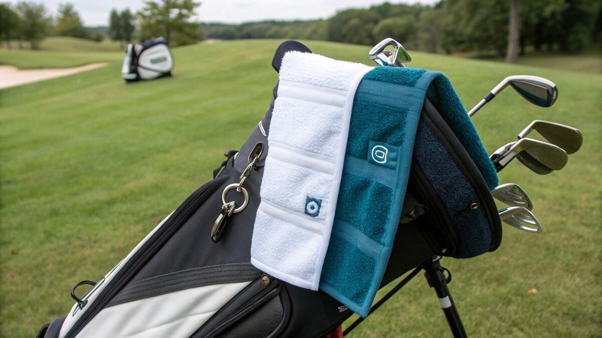 a golf towel with a standard size clipped to a golf bag