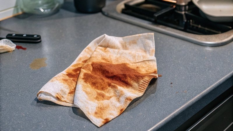 Una mano que coge un paño de papel en lugar de un paño de cocina para limpiar un derrame de pollo crudo.