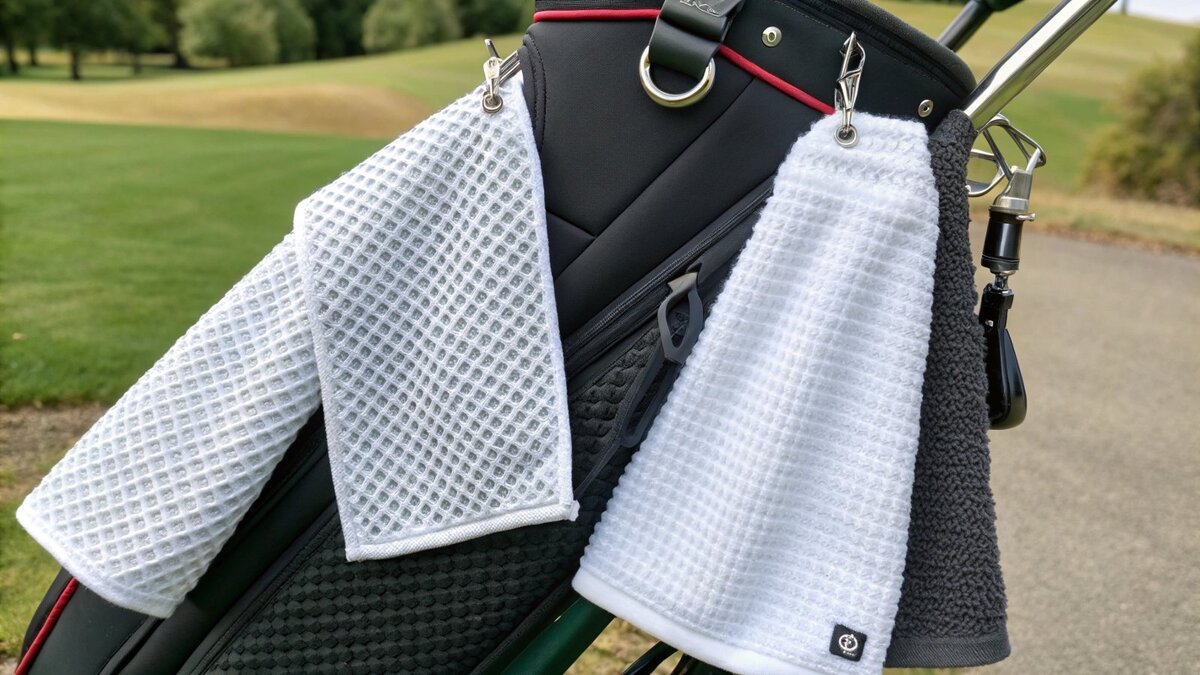 a golf towel next to a regular bath towel for comparison