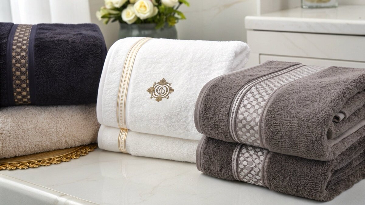 A close-up of a luxurious, embroidered towel with a dobby border