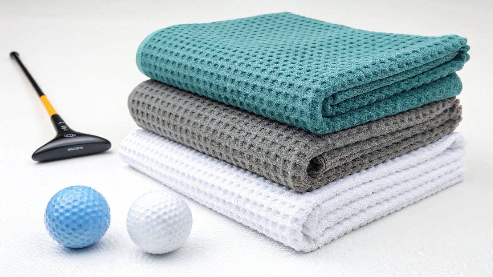 a close-up of a waffle-knit microfiber golf towel