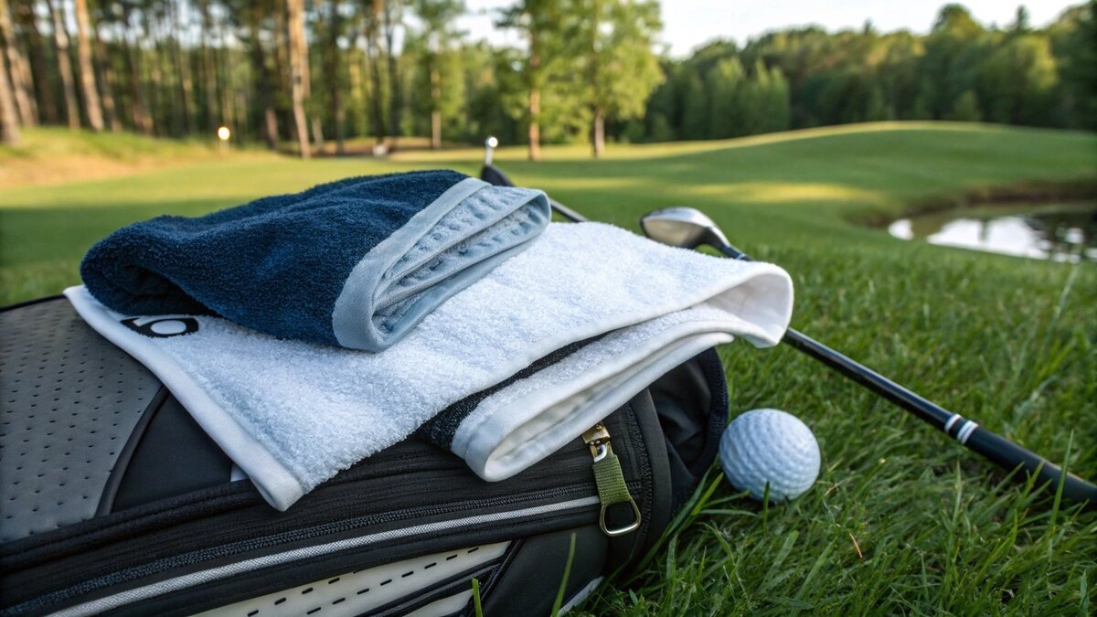 a golf towel with one half wet and the other half dry