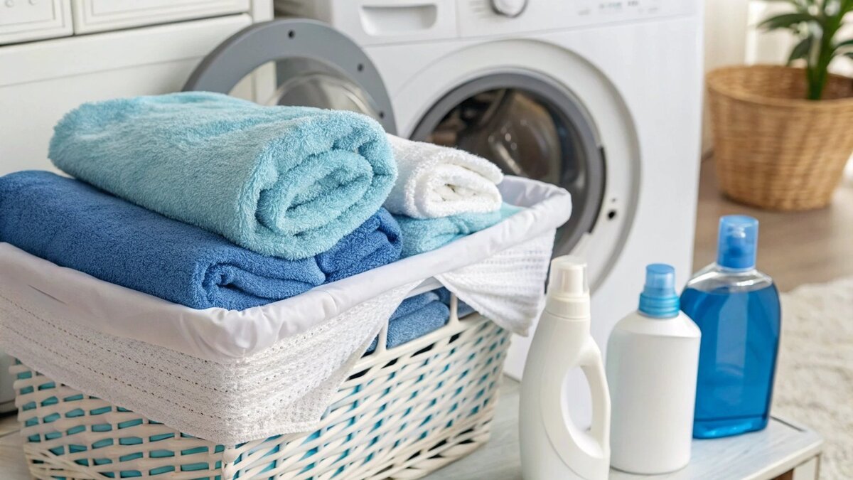 Una lavadora con toallas azules y blancas en su interior