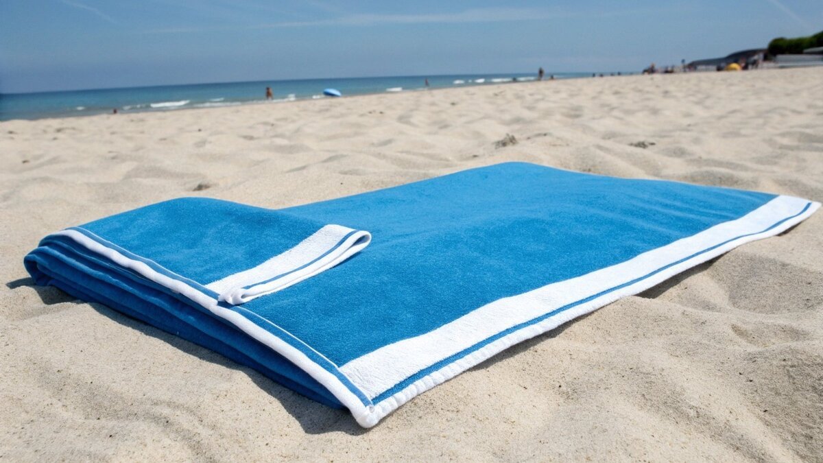 Une personne se prélassant sur une grande serviette de plage sur le sable