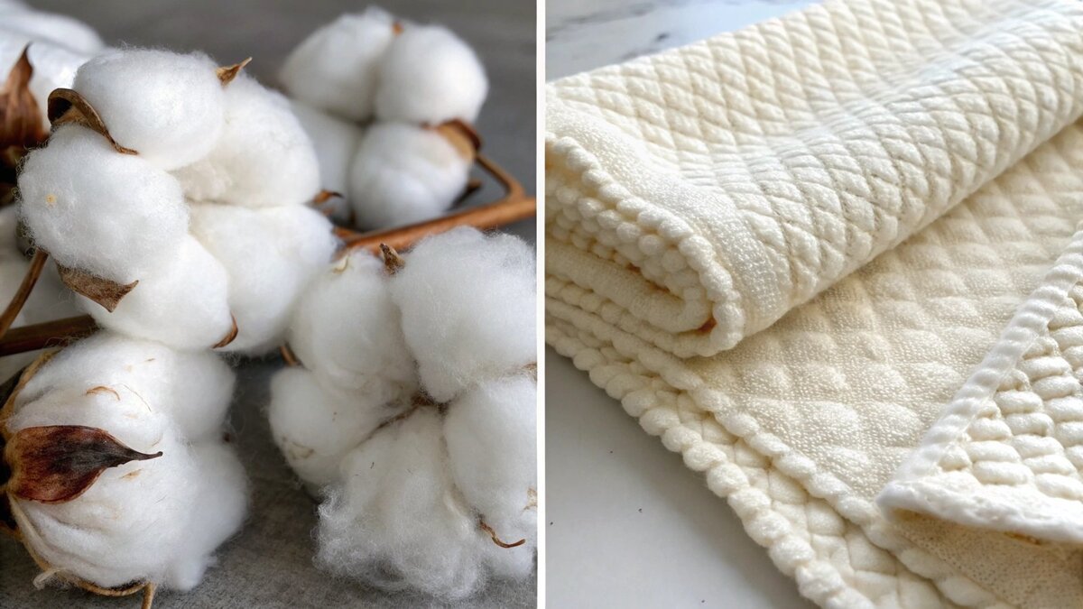 cotton bolls next to a woven terry cloth towel