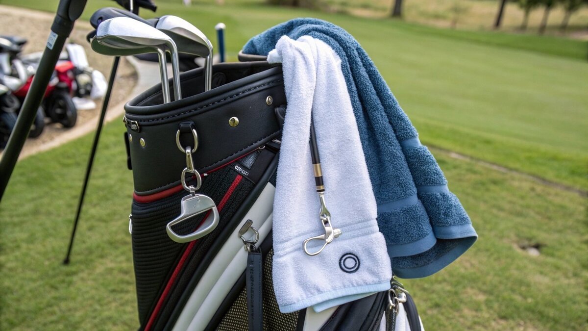 golf towel hanging from a golf bag with a carabiner clip