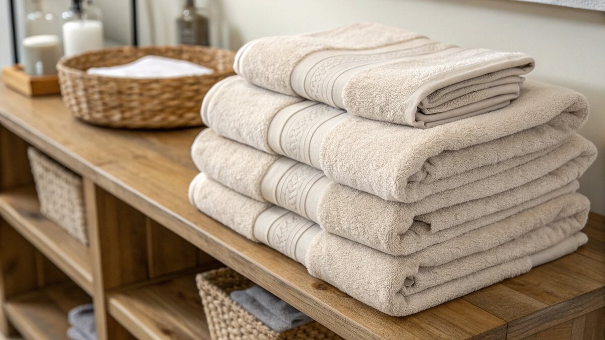 A collection of professionally folded hand towels in different sizes stacked neatly