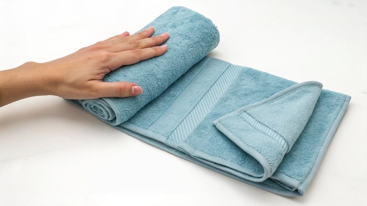 Toallas de dedo expuestas en una pequeña cesta junto al lavabo del baño