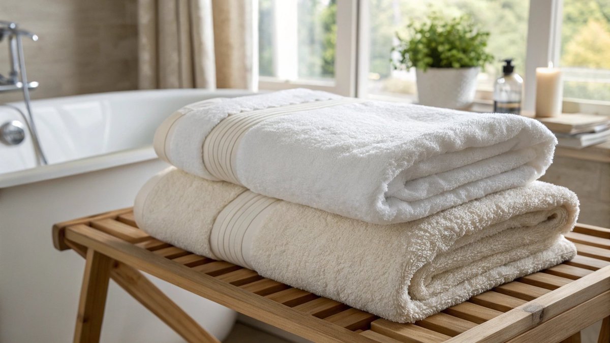 A luxurious stack of folded bath towels in neutral colors