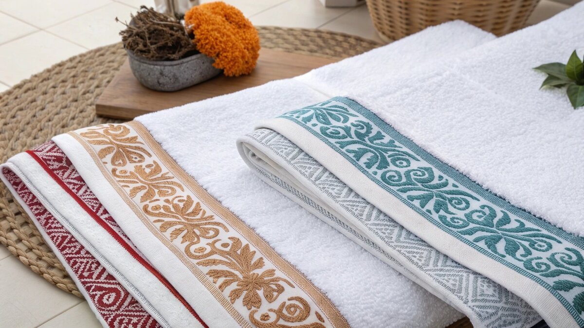 Un ambiente bagno elegante con un asciugamano caratterizzato da un sofisticato bordo decorativo