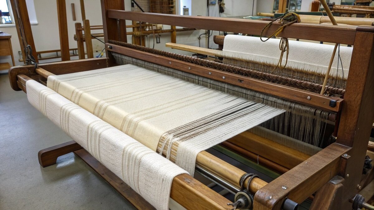 Uma imagem ampla de vários teares modernos de felpa operando na fábrica da TowelTrend