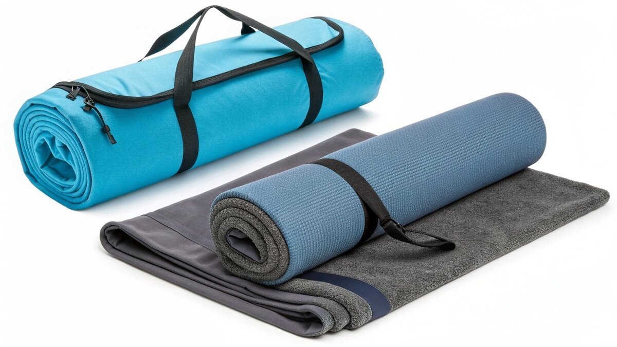 A folded yoga towel next to a rolled-up travel yoga mat for size comparison