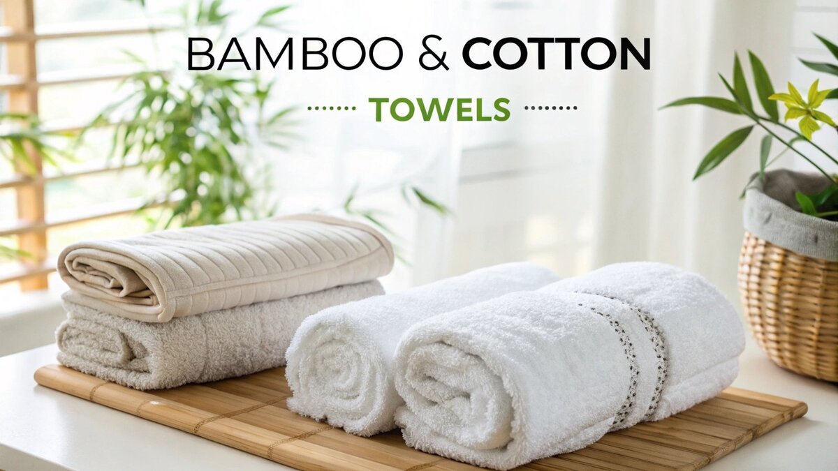 um banheiro limpo com uma toalha de bambu pendurada