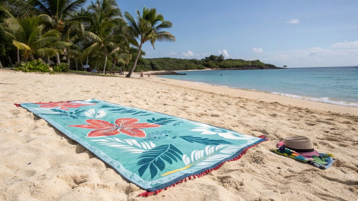 Strandhandtuch vs. normales Handtuch Ein Stapel einfarbiger weißer Badetücher neben einem einzigen großen gemusterten Strandtuch, um den Unterschied zu verdeutlichen.