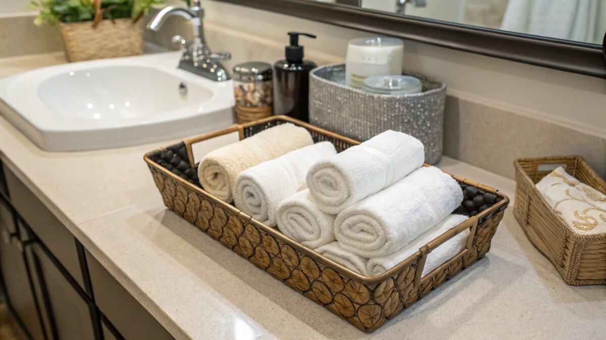 Toallas de dedo expuestas en una pequeña cesta junto al lavabo del baño