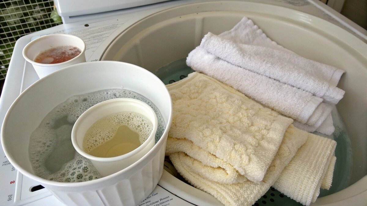 White vinegar being poured into the detergent drawer of a washing machine.