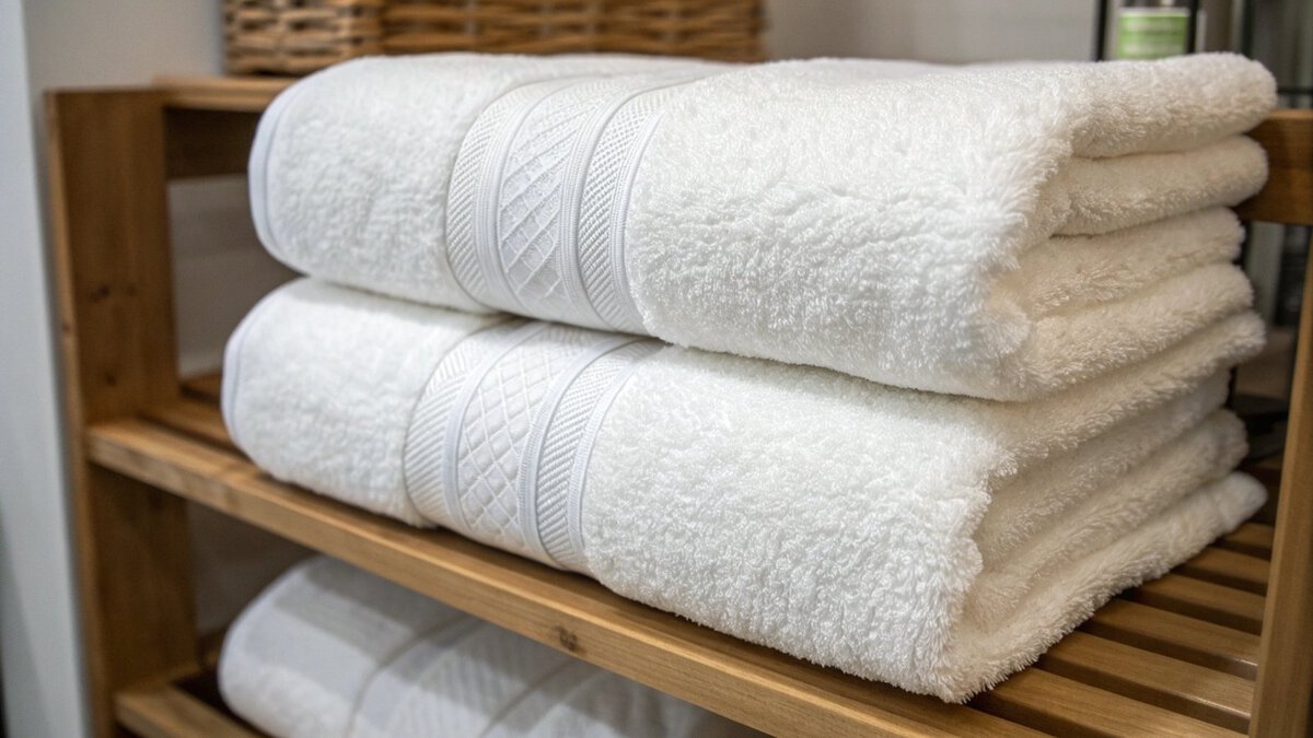 Un cuarto de baño limpio y moderno, con toallas de baño de uso diario cuidadosamente dobladas y listas para su uso.