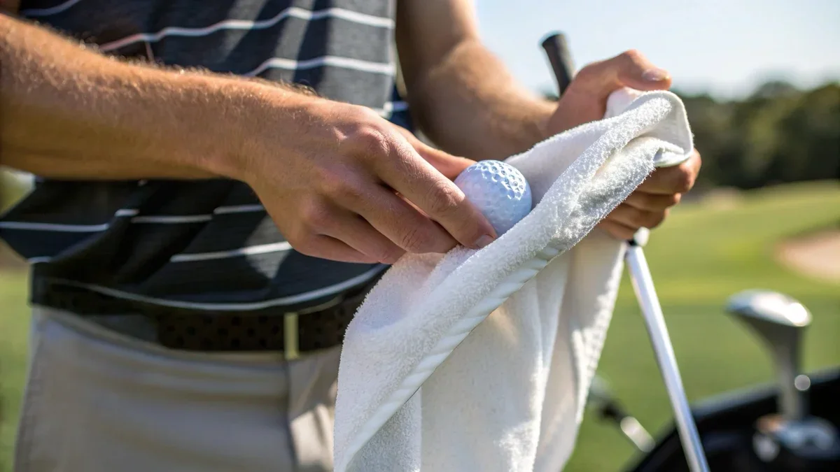 golfer cleaning a club with a microfiber golf towel