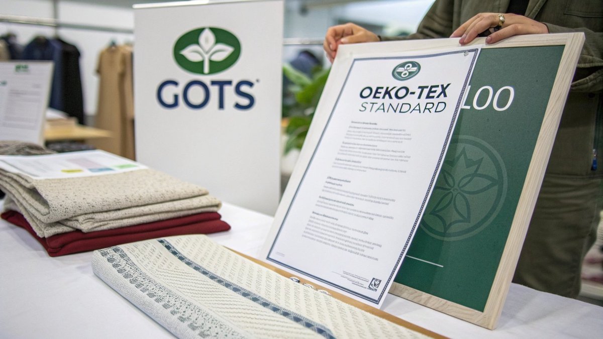 un'immagine divisa in due parti che mostra il logo GOTS da un lato e il logo OEKO-TEX dall'altro.