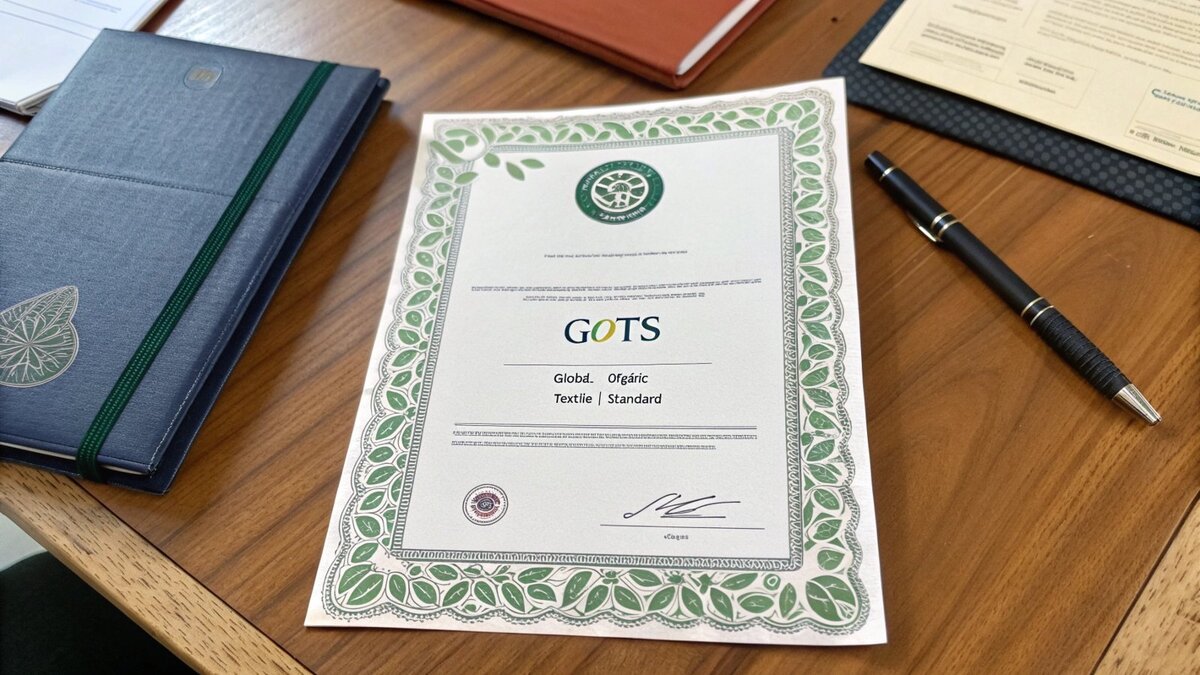 un primo piano di un certificato GOTS accanto a balle di cotone grezzo