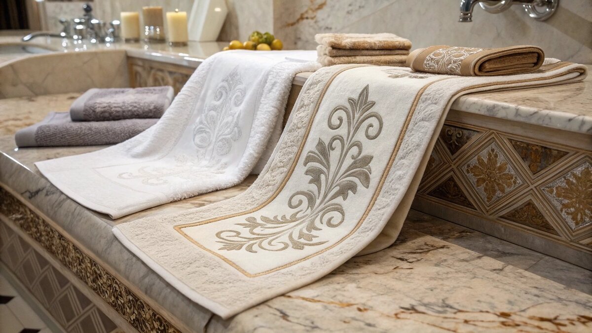 Baño de hotel de lujo con toallas de jacquard dobladas