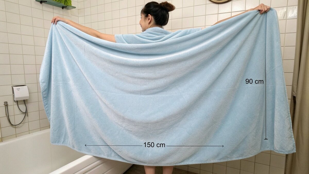 A person wrapped comfortably in a large bath sheet