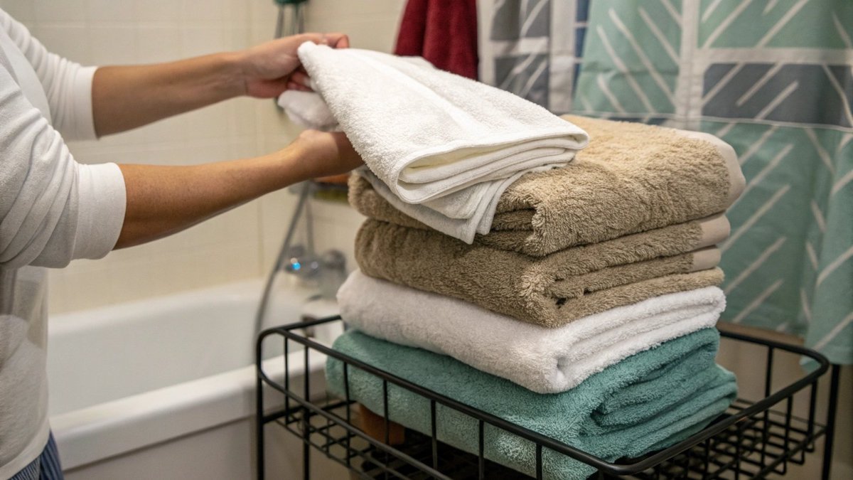 A person holding a towel up to the light to inspect it for holes and fraying.