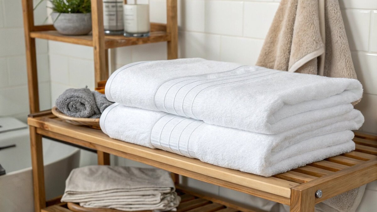 Une serviette de bain blanche standard suspendue à un support