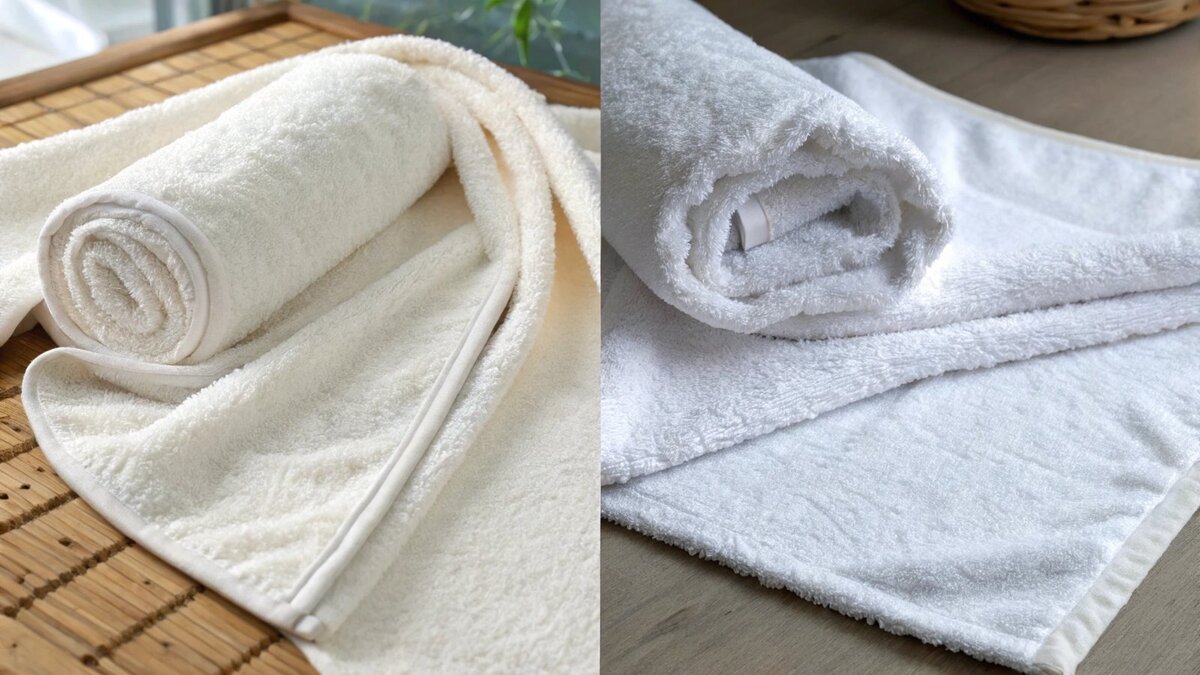 a comparison of a finished towel product and a bolt of terry cloth fabric