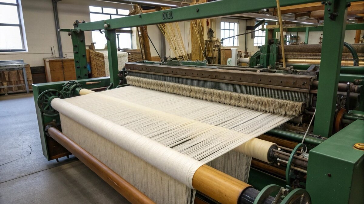 A detailed shot of a terry loom in action, showing the yarn paths