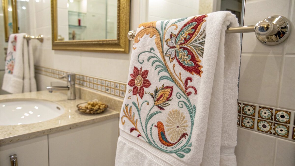 An elegantly embroidered tip towel hanging in a guest bathroom