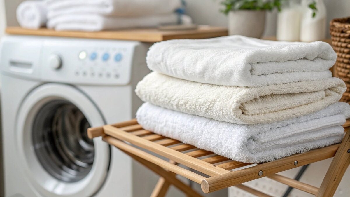 A stack of soft, fluffy white bath towels