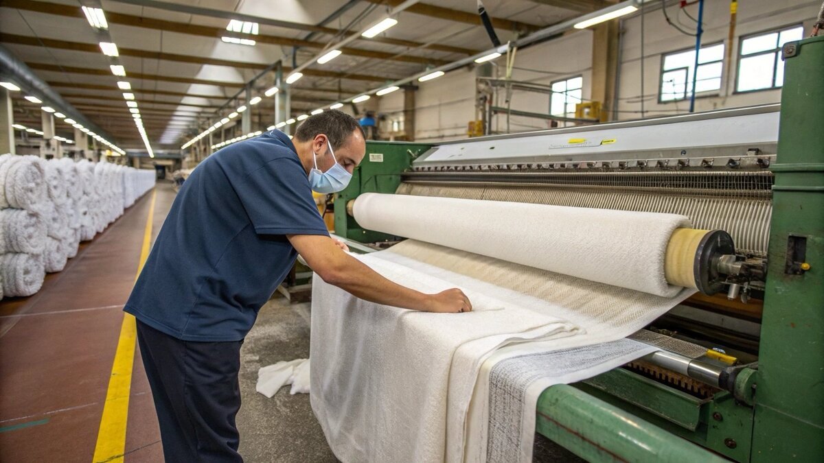 Rolls of finished terry fabric being treated in a dyeing machine