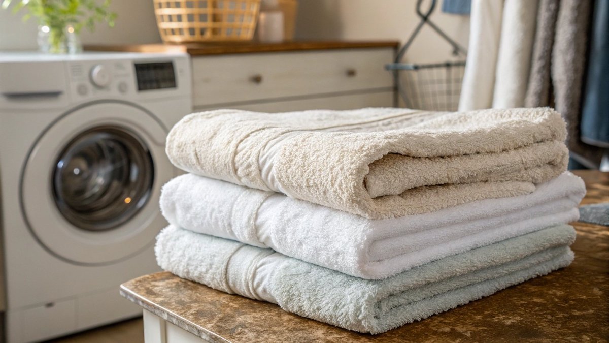 An old, faded towel hanging on a hook