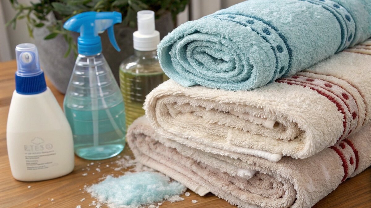 Frasco de amaciante de roupas ao lado de uma toalha não absorvente