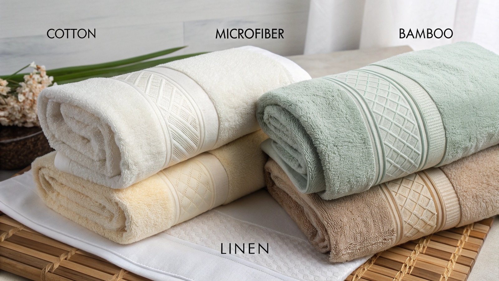 Uma pilha de toalhas feitas de diferentes materiais, como algodão, bambu e microfibra