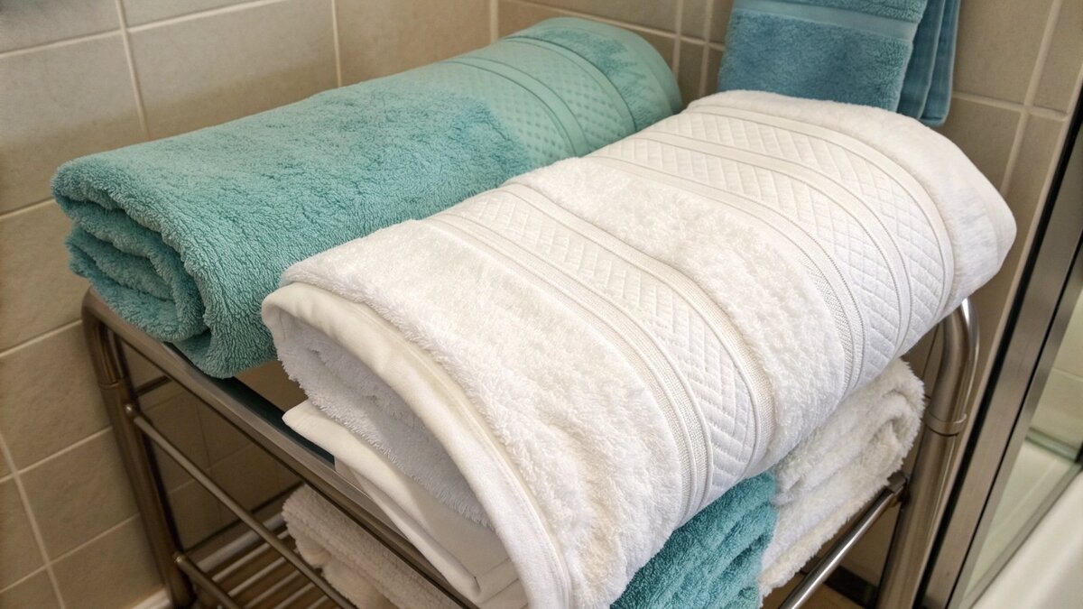 Verwendung eines Strandtuchs zum Duschen Eine Person, die unglücklich versucht, sich mit einem dünnen, bunten Strandhandtuch in einem Badezimmer abzutrocknen.